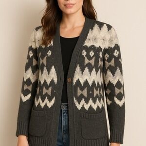 J.Jill Petite XS Fair Isle Wool Blend Cardigan Sweater – Gray/White, beads
